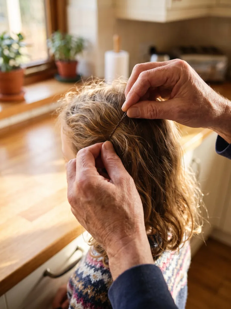 Close-up of a bobby pin being added near a child's crown to keep an open hairstyle neat