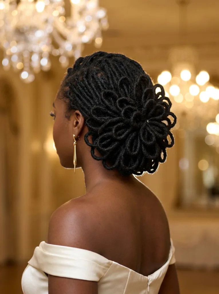 Shoulder length locs folded into flat loops forming a flower petal updo
