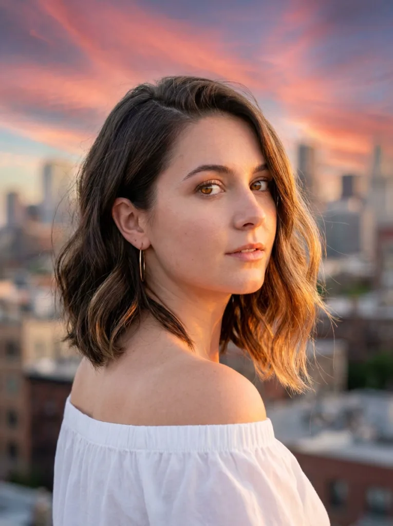 Brunette asymmetrical lob with honey caramel balayage on the longer side near the face