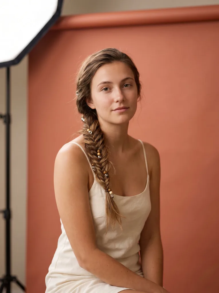 Woman with a loose fishtail braid over one shoulder decorated with small beads, a boho braid with accessories idea