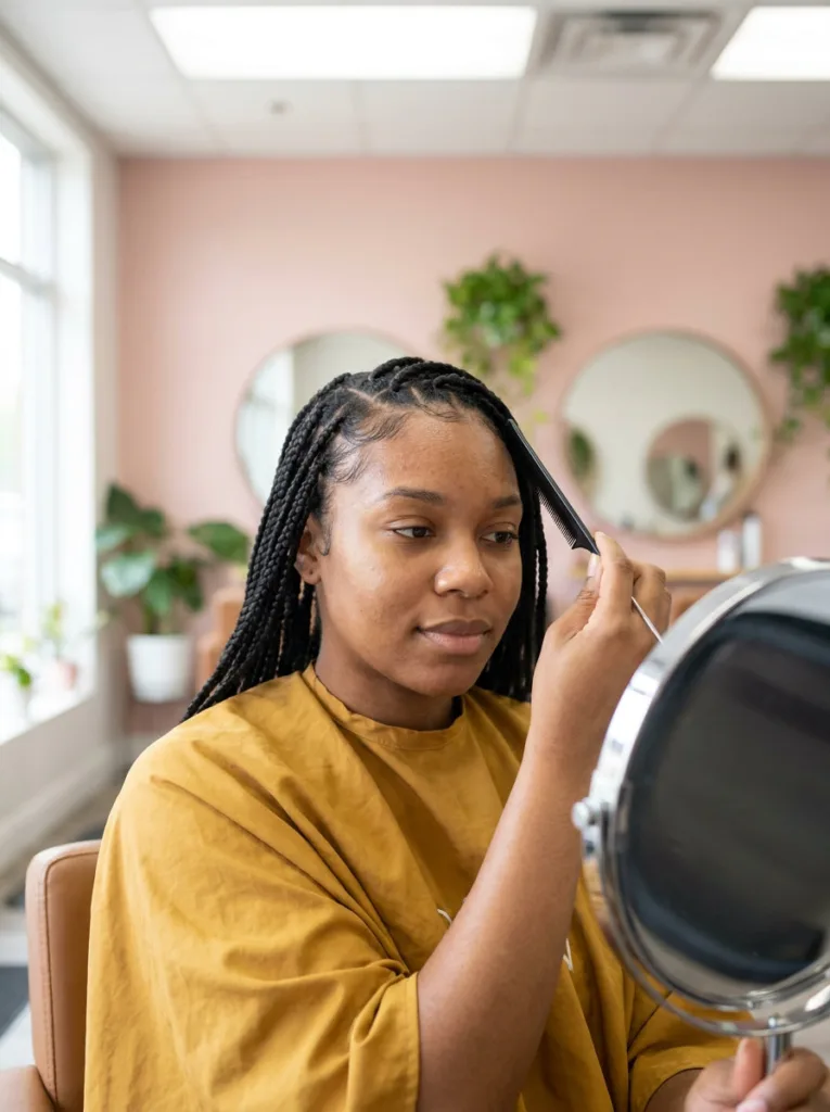 Young woman gently loosening knotless braids at her hairline to prevent traction alopecia