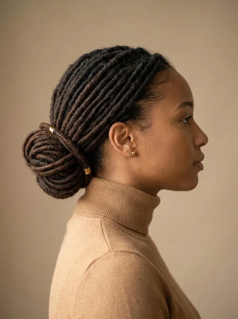 Shoulder length locs coiled into a smooth low chignon at the nape with a thin gold cuff