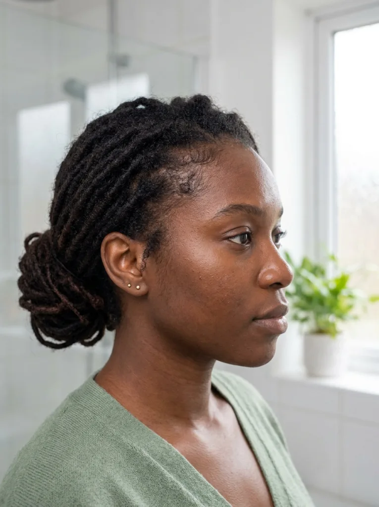 Shoulder length locs in a loose low bun showing healthy, relaxed edges at the hairline