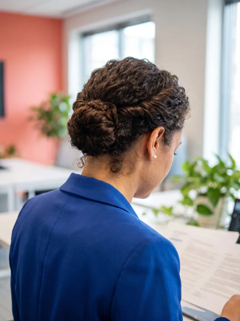 Low twisted bun made from two rope twists at the nape on curly hair