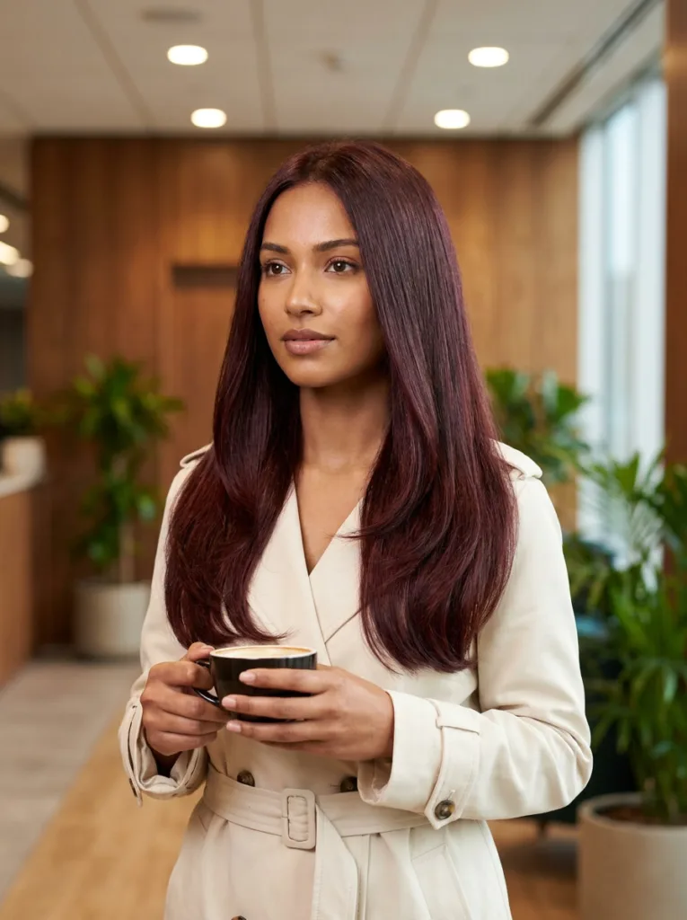 Sleek mahogany copper hair with a brown-plum shine under office light
