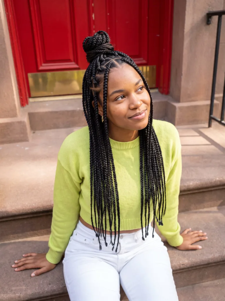 Medium box braids worn half up with clean square parts and a loose hairline