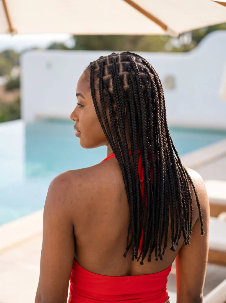 Medium knotless braids at mid-back length with flat, knot-free roots