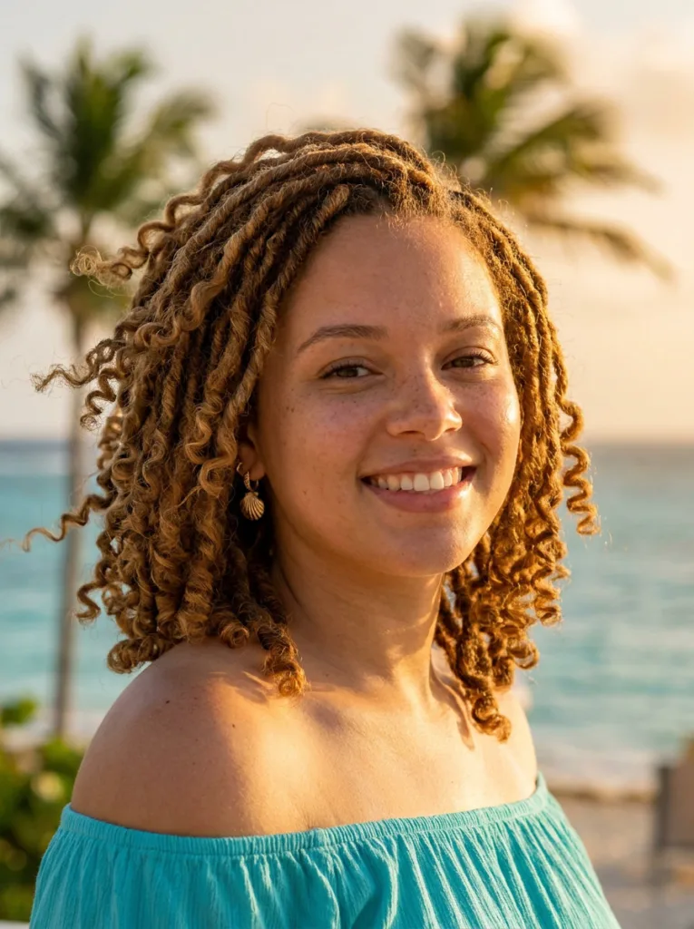 Shoulder length locs styled into bouncy perm rod spiral curls