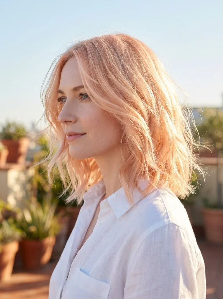 Pale blonde pink champagne copper hair with a soft pink sheen in airy waves