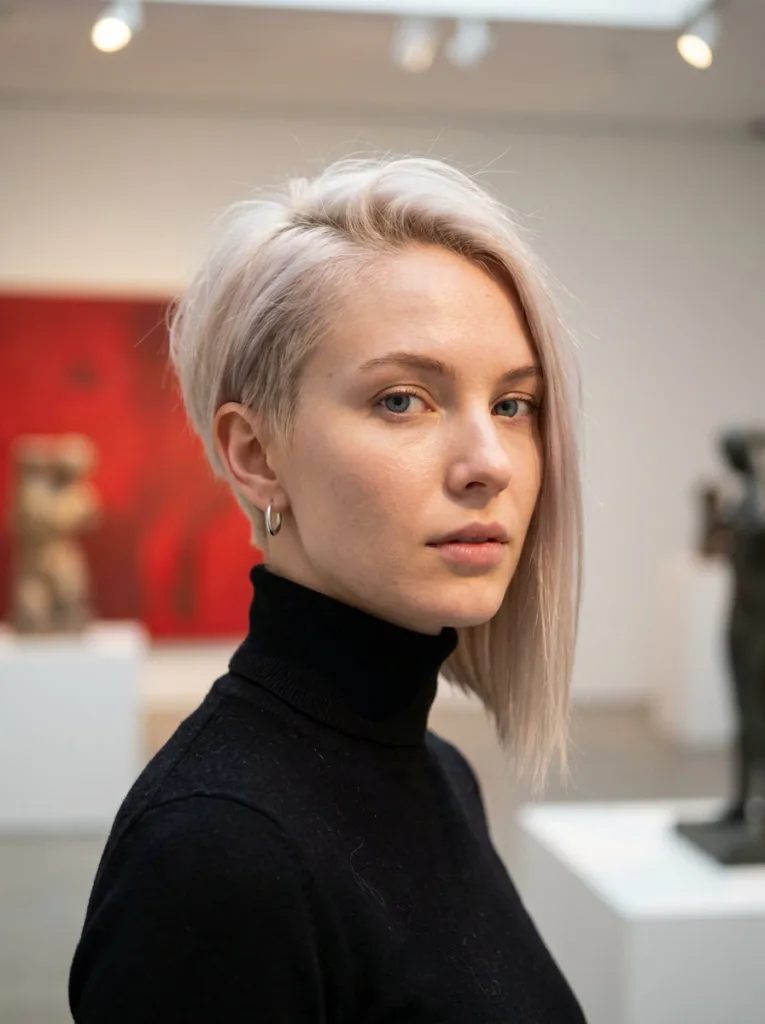 Platinum blonde pixie-lob hybrid with one side cropped short and the other side past the chin