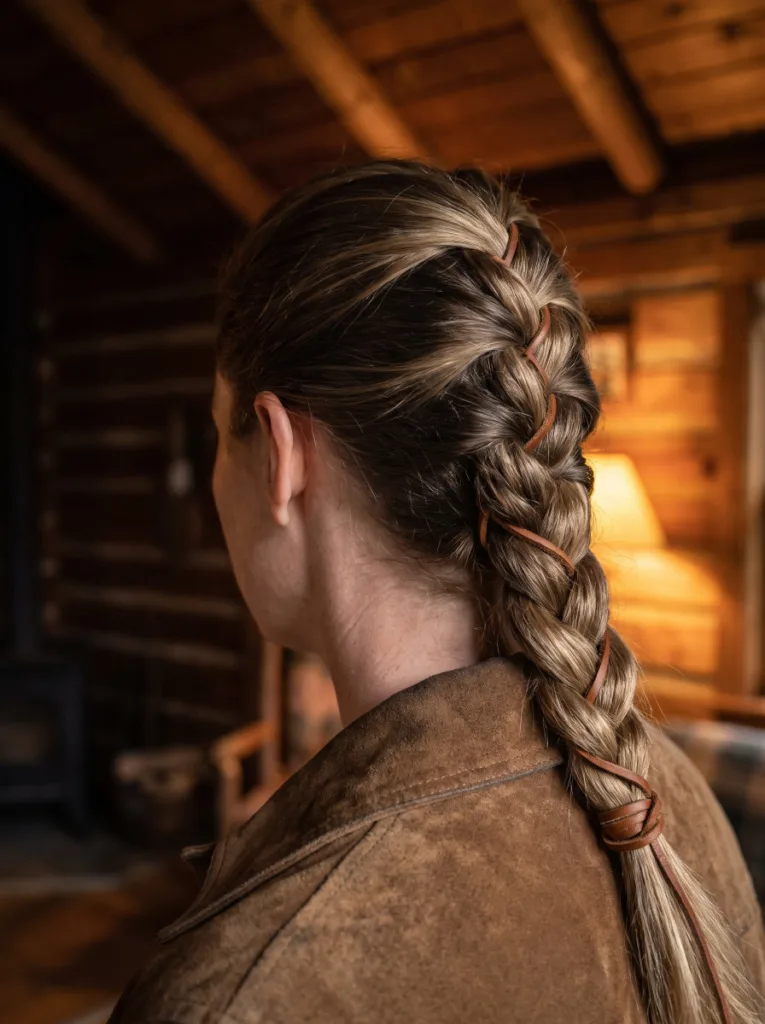 Back view of a woman with a chunky pull-through braid wrapped with a leather cord in a rustic wooden interior