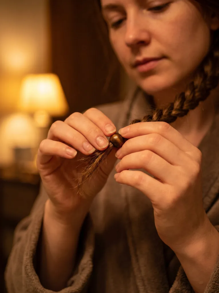 Close-up of a woman's hands gently sliding a bead off the end of a braid to prevent hair breakage