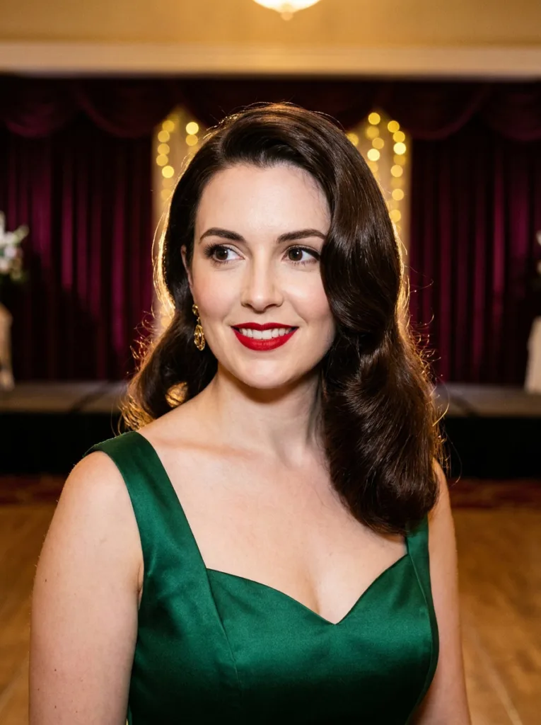 Chocolate brown retro glam lob with glossy S-waves and a deep side part for an evening event