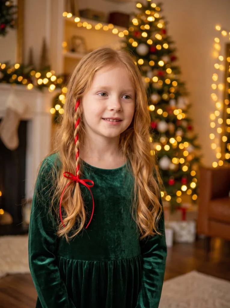 Girl with a ribbon-wrapped hair strand hairstyle during a holiday gathering