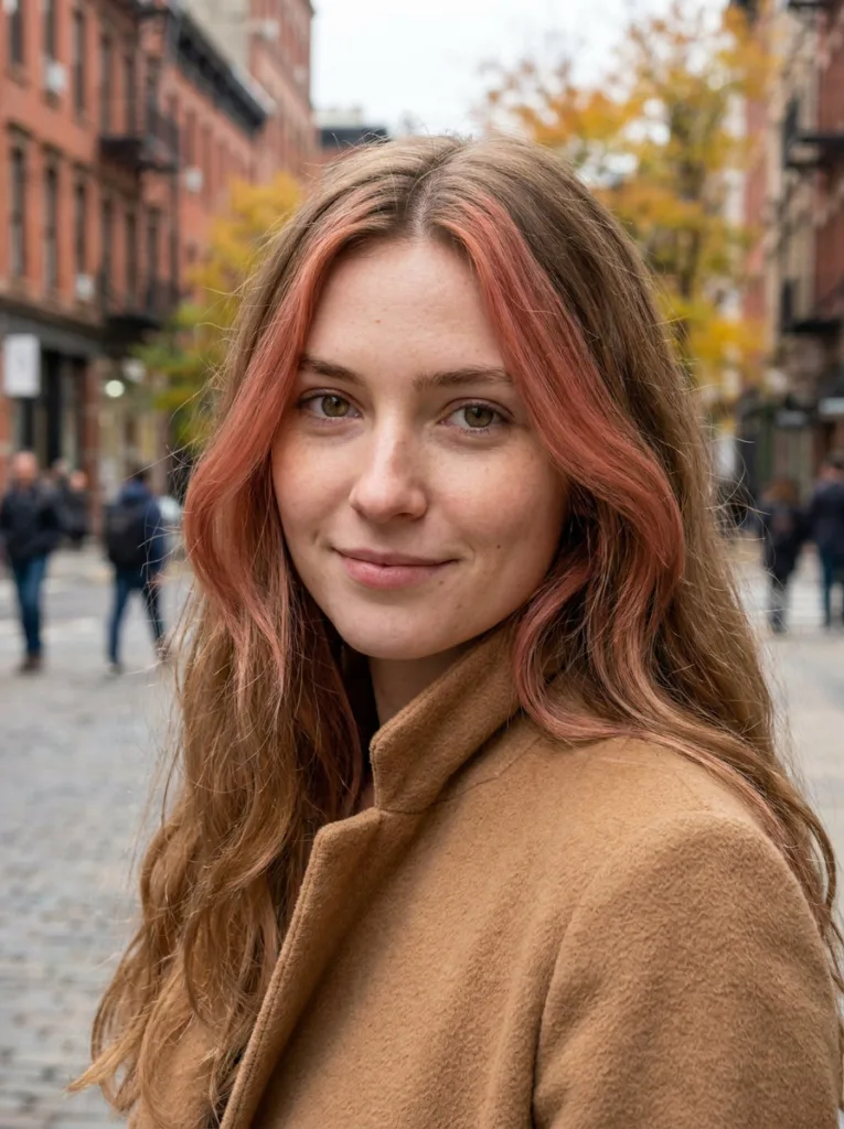 Two rose copper face-framing pieces on light brown hair