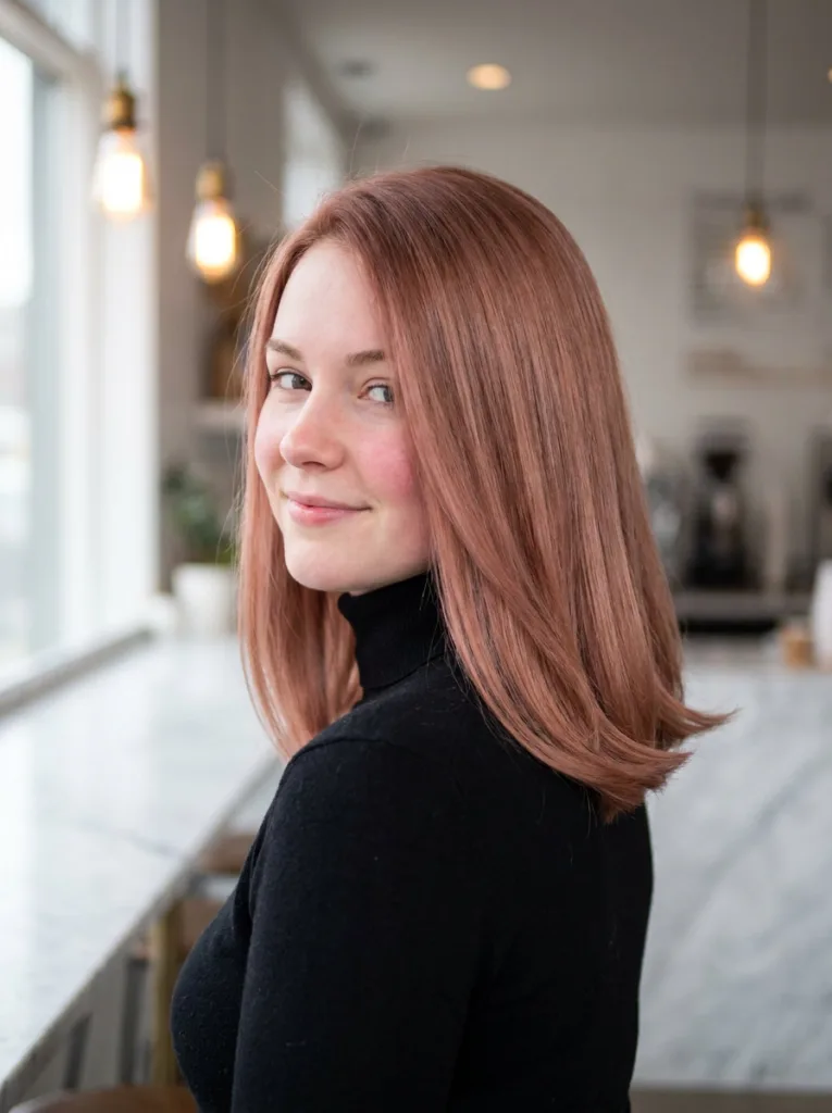 Rose copper hair on a sleek shoulder-length cut with a dusty pink tone