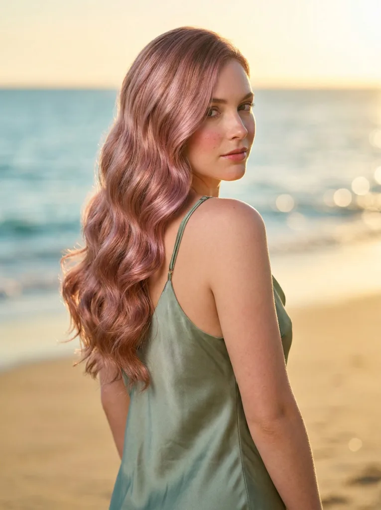 Long metallic rose gold copper hair in mermaid waves at the beach