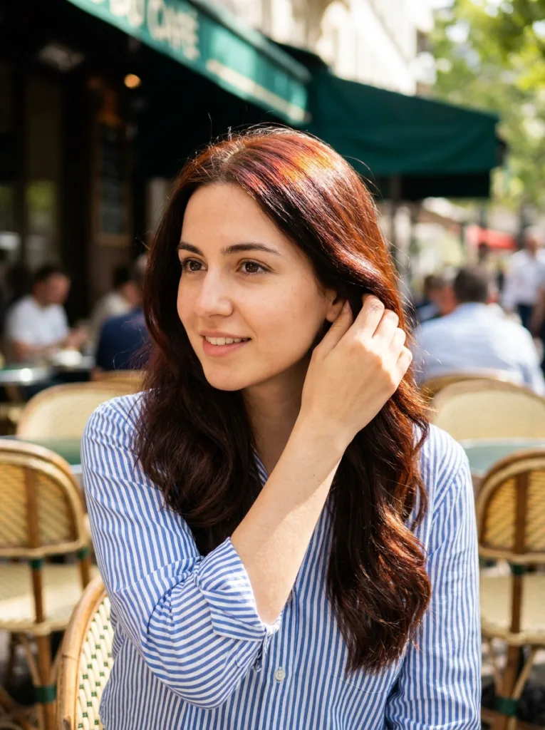 Dark brown hair with a sheer red-copper glaze flashing in the sun