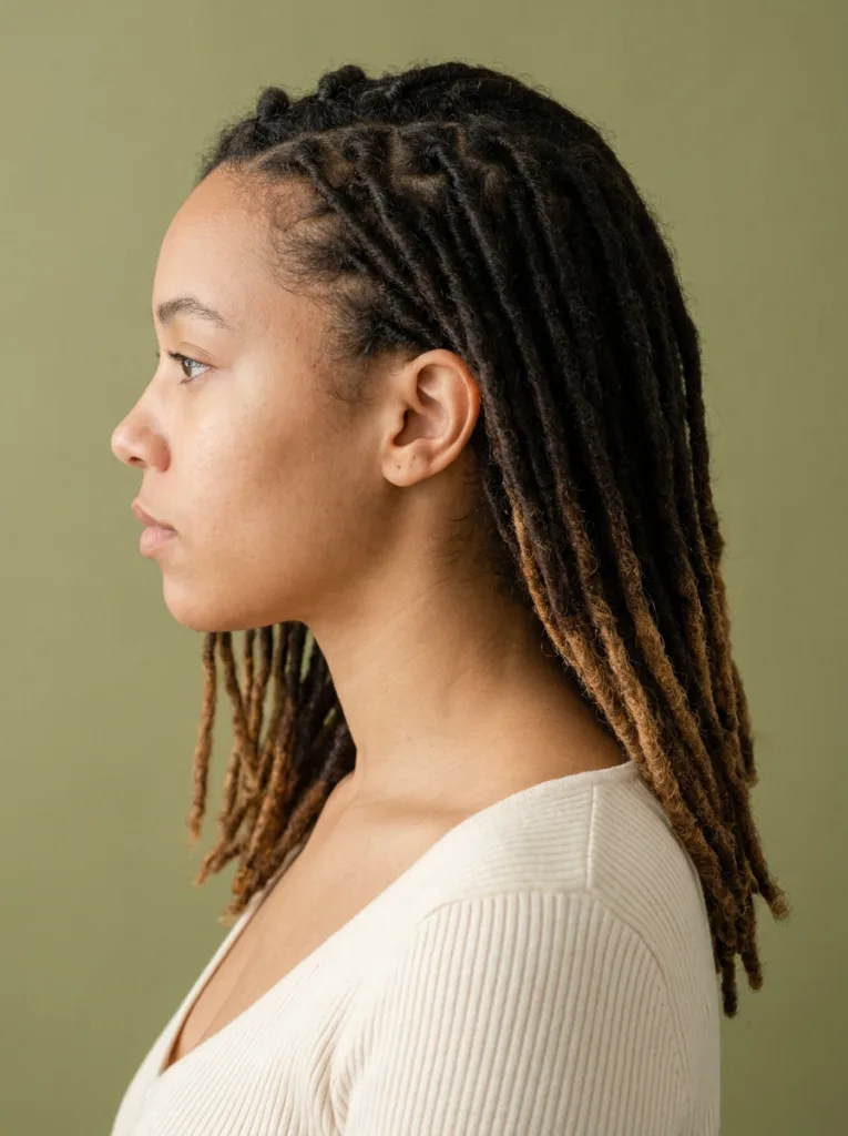 Side profile of a young woman with medium length locs ending at her collarbone