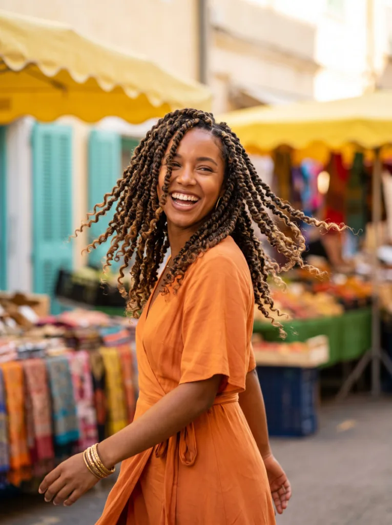 Soft bohemian passion twists at shoulder length on a young woman