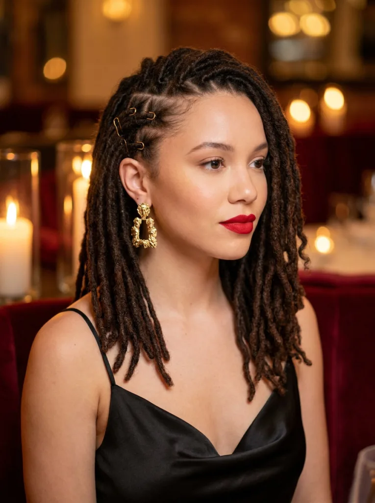 Shoulder length locs pinned flat on one side and swept over to the other in an asymmetrical side pin up