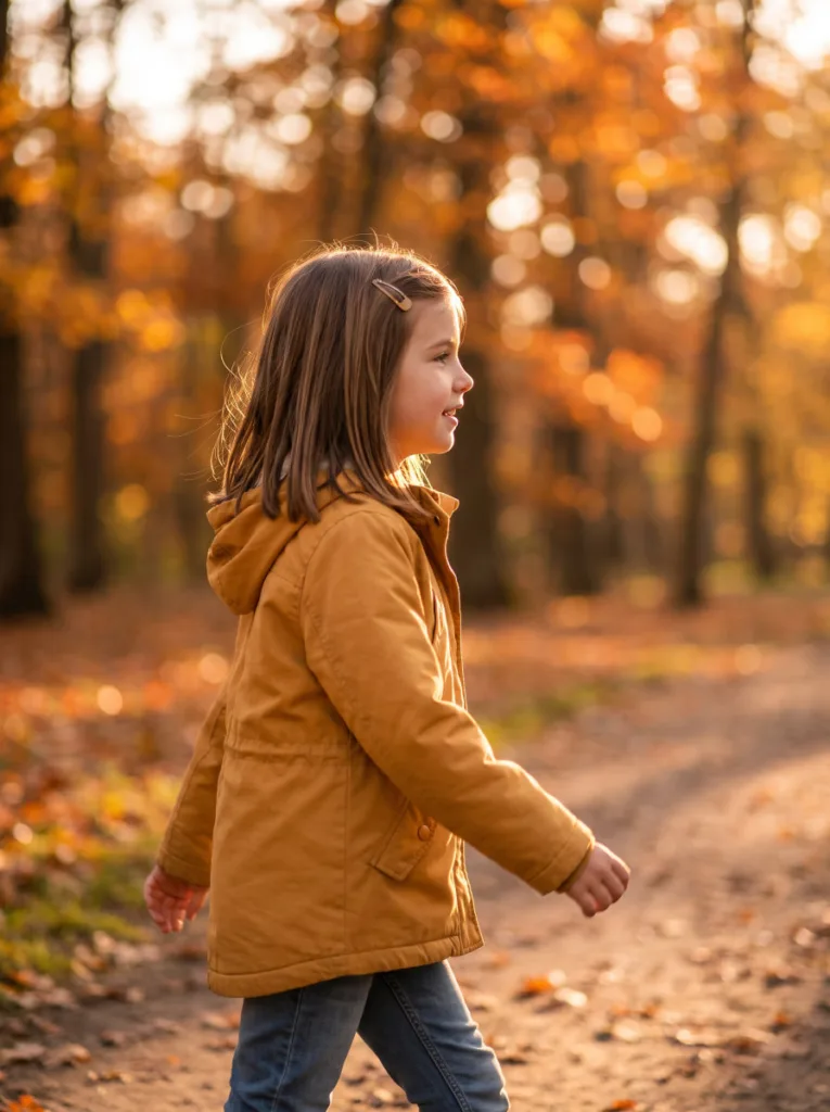 Girl with side-swept bangs and loose hair walking in an autumn park