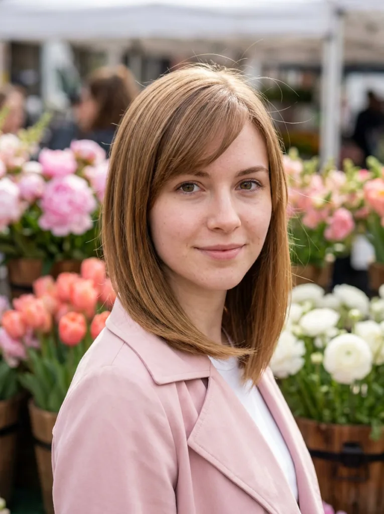 Golden brown asymmetrical lob with a soft side-swept fringe dipping across the forehead