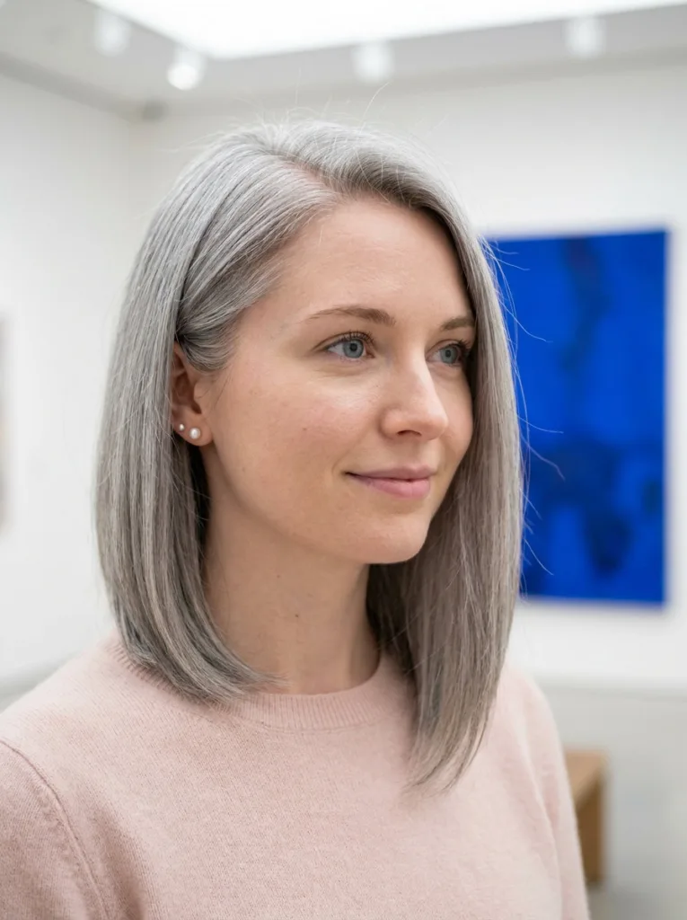 Bright silver asymmetrical lob with a gentle 2 inch angle framing the jaw