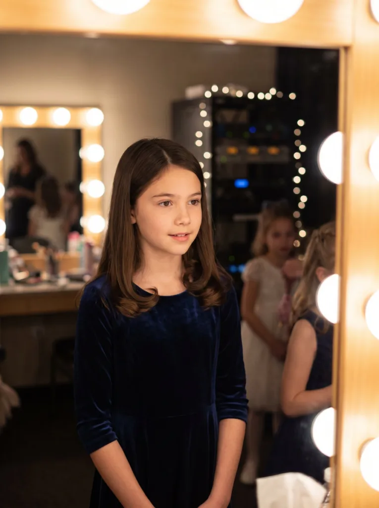 Tween girl with a smooth blowout hairstyle backstage before a recital