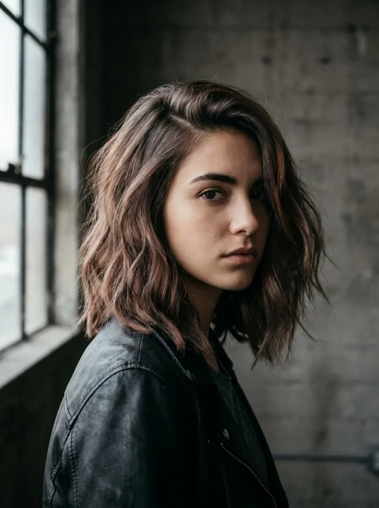 Smoky copper brunette lob with ash-brown tones and dark brows