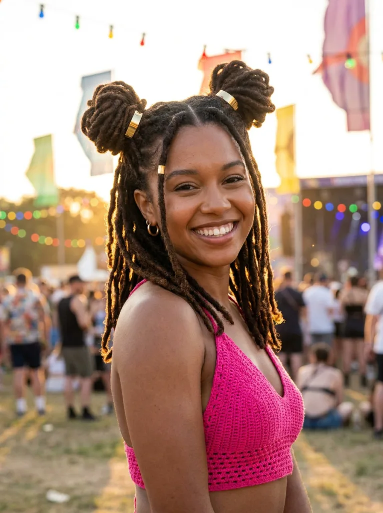 Shoulder length locs styled into two high space buns with gold cuffs and loose locs at the temples