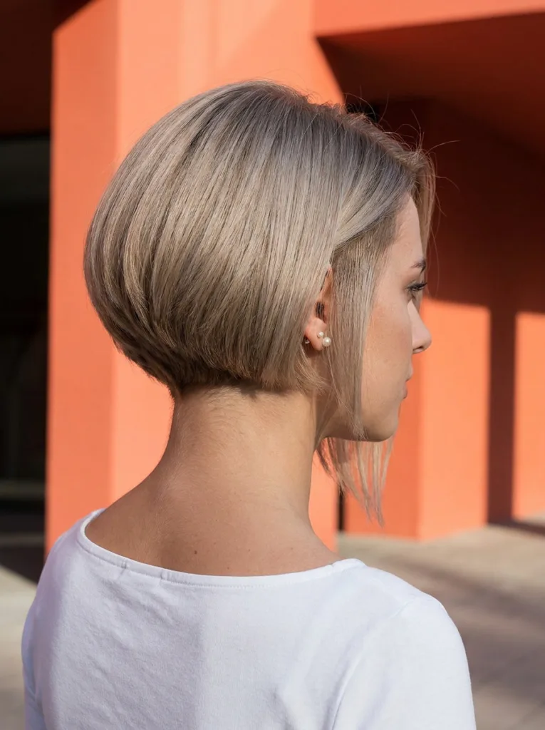 Side view of a cool blonde stacked nape asymmetrical lob with a rounded, lifted crown