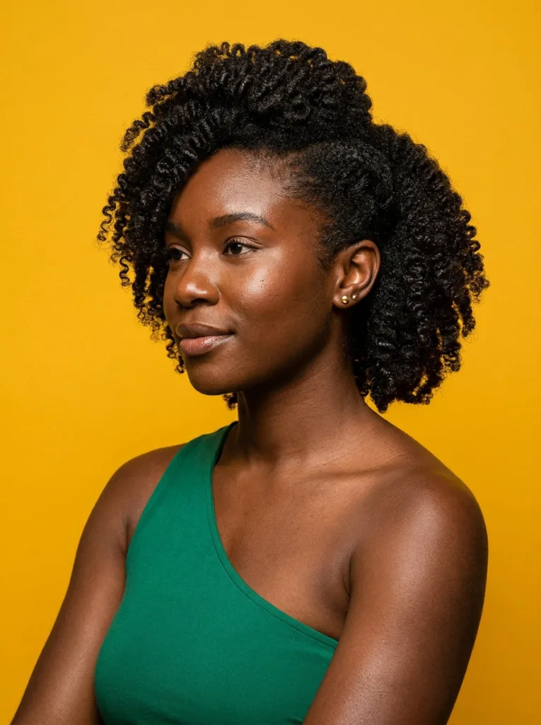 Defined 4C coily asymmetrical lob tapered short near one ear and stacked high on the other side