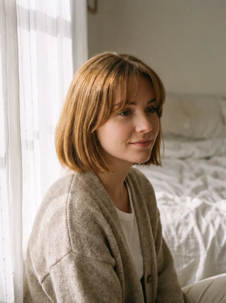 Woman with a bob haircut and center-parted curtain bangs framing her face in soft morning light