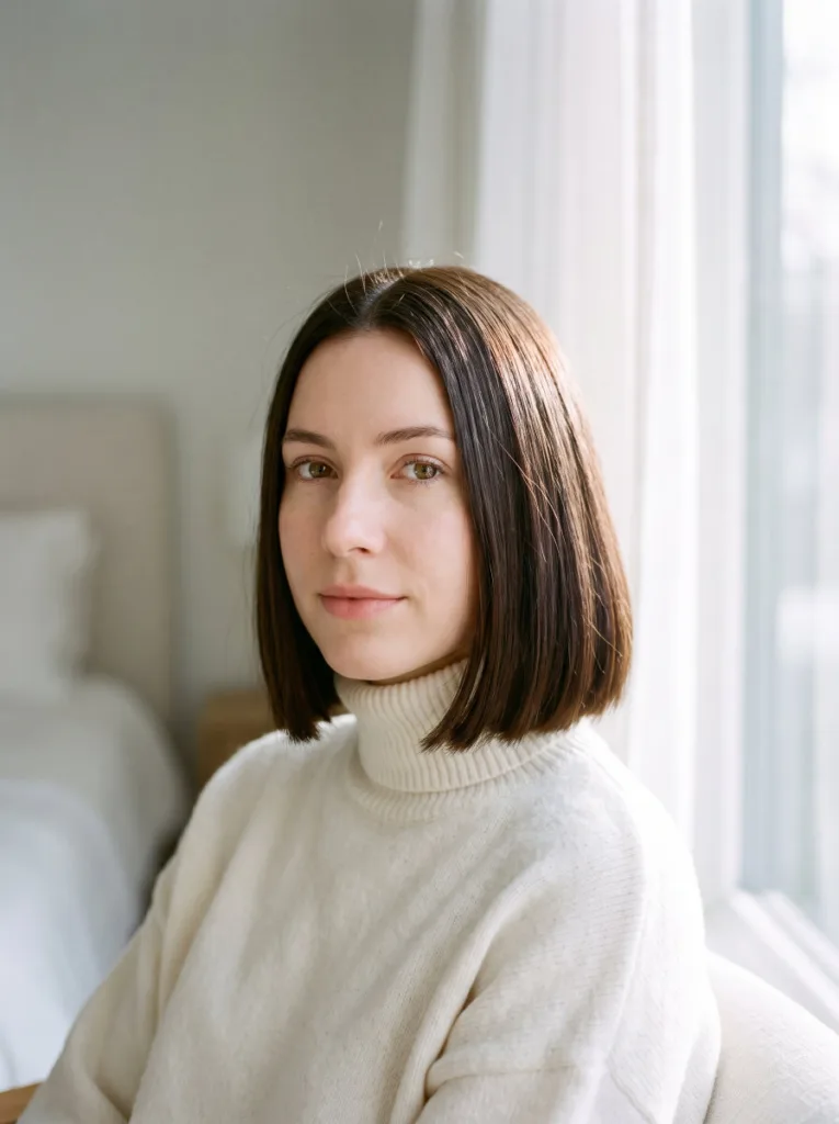 Woman with a straight, one-length classic blunt bob haircut ending at the jaw, shown in natural window light