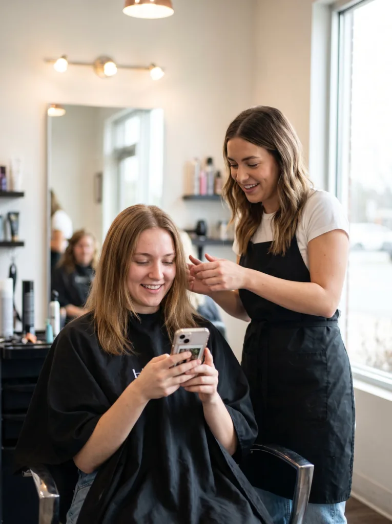 Woman consulting with her hairstylist in a salon while looking at bob haircut reference photos