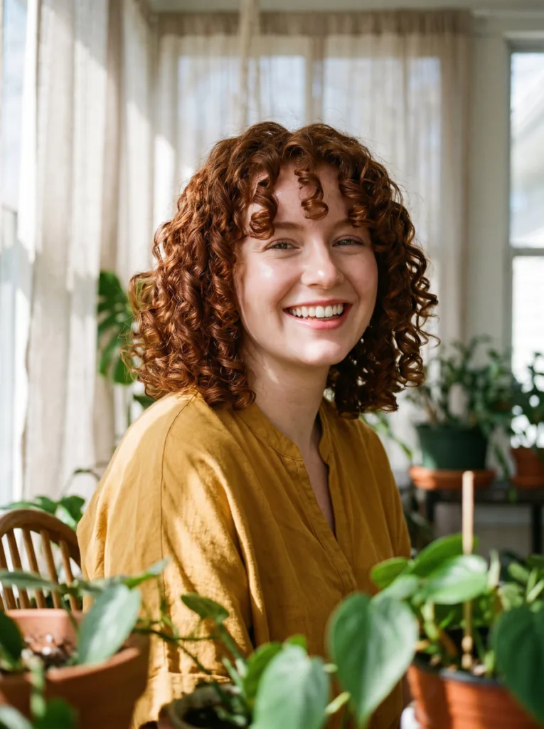 Woman with a natural curly bob haircut sitting just below the chin, photographed in bright daylight