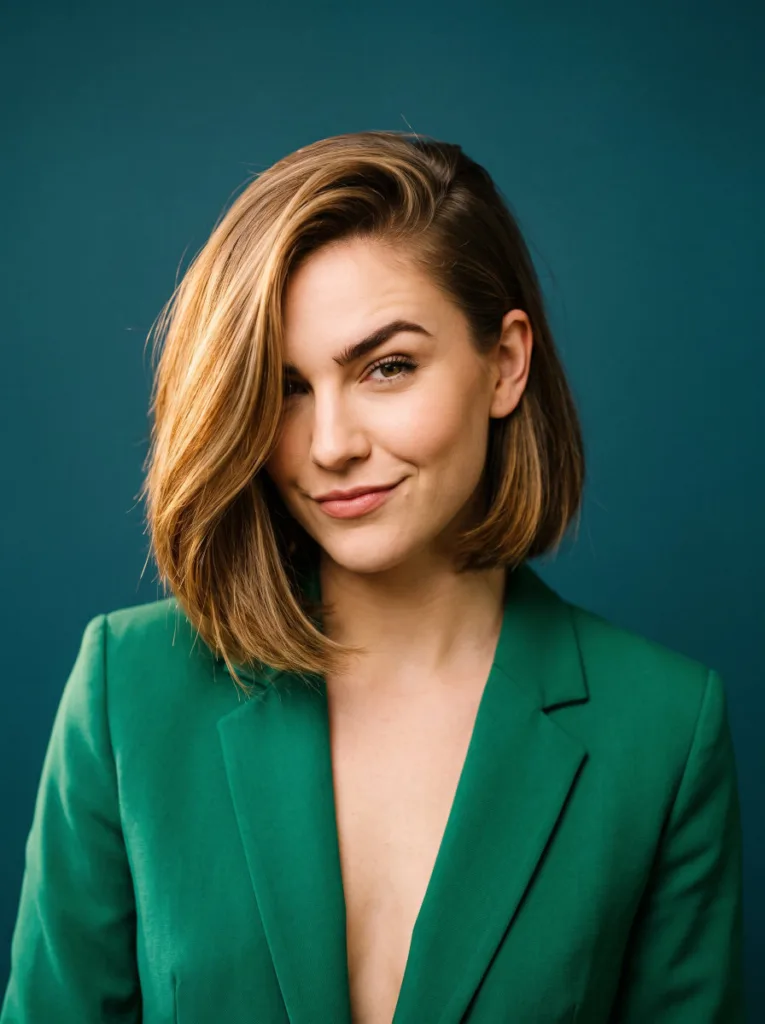 Woman with a bob haircut styled with a deep side part, most of her hair swept to one side