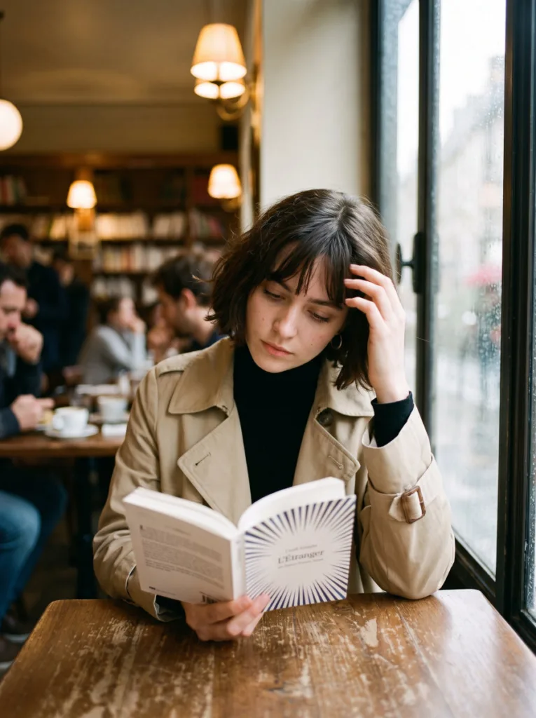 Woman with a chin-length French bob and soft wispy bangs, seated by a café window