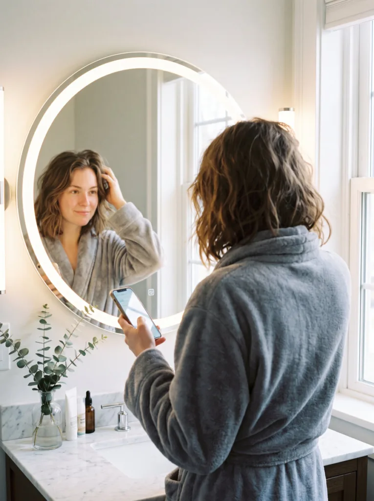 Woman looking thoughtfully at her reflection while considering a new bob haircut, holding her phone