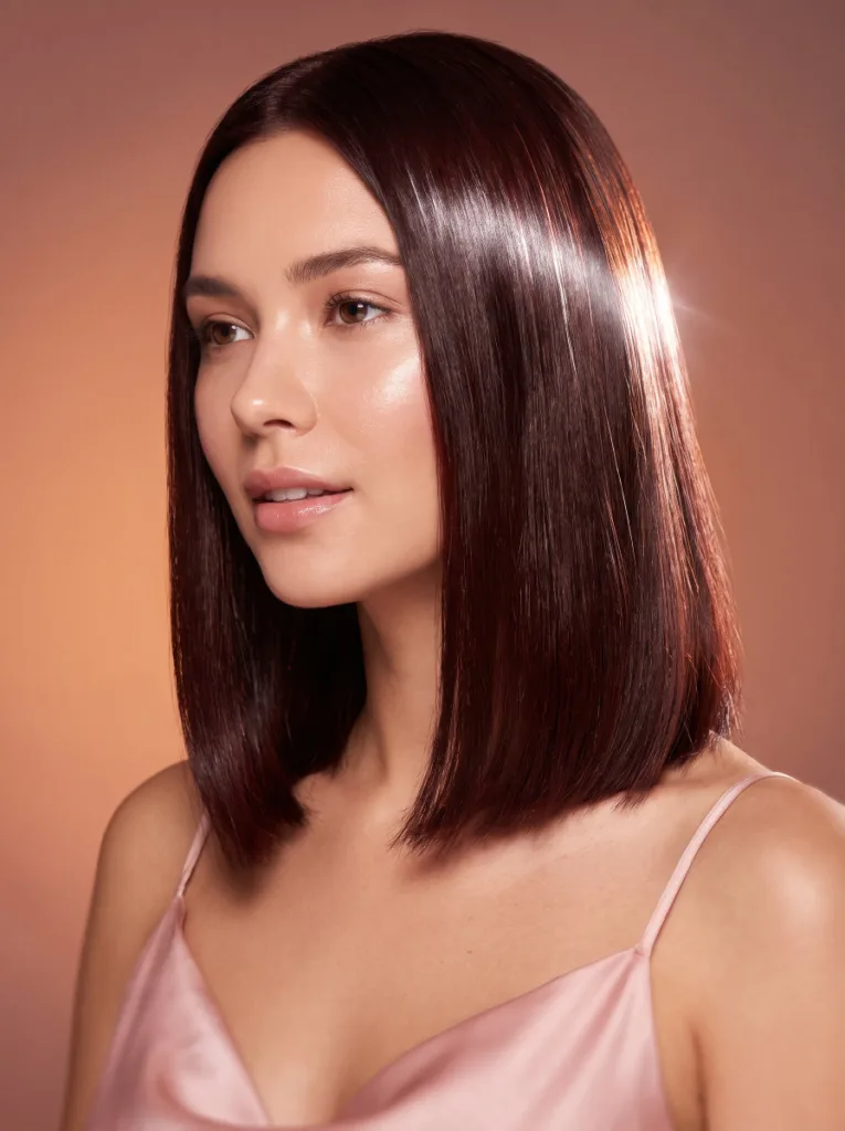 Woman with a longer, glossy blunt lob haircut grazing the collarbone, styled with high shine