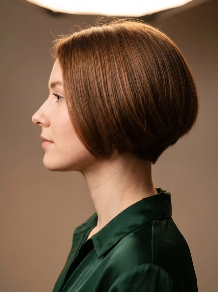 Side profile of a woman with a graduated bob haircut showing a rounded, dome-like silhouette