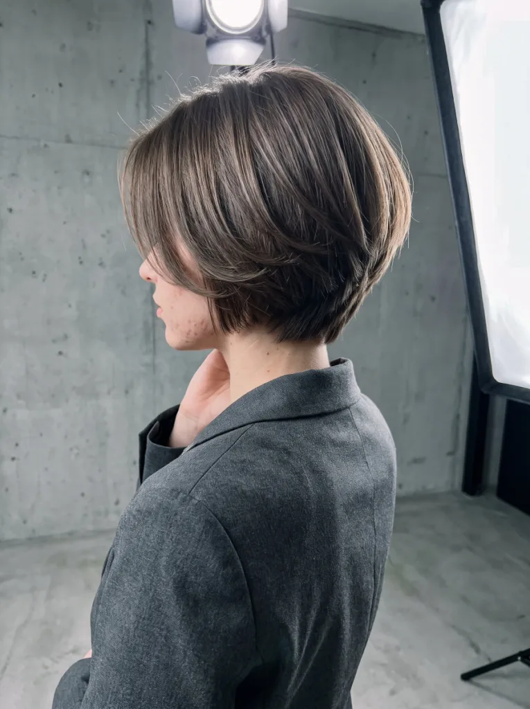 Back view of a woman with an inverted stacked bob haircut showing volume at the crown and nape