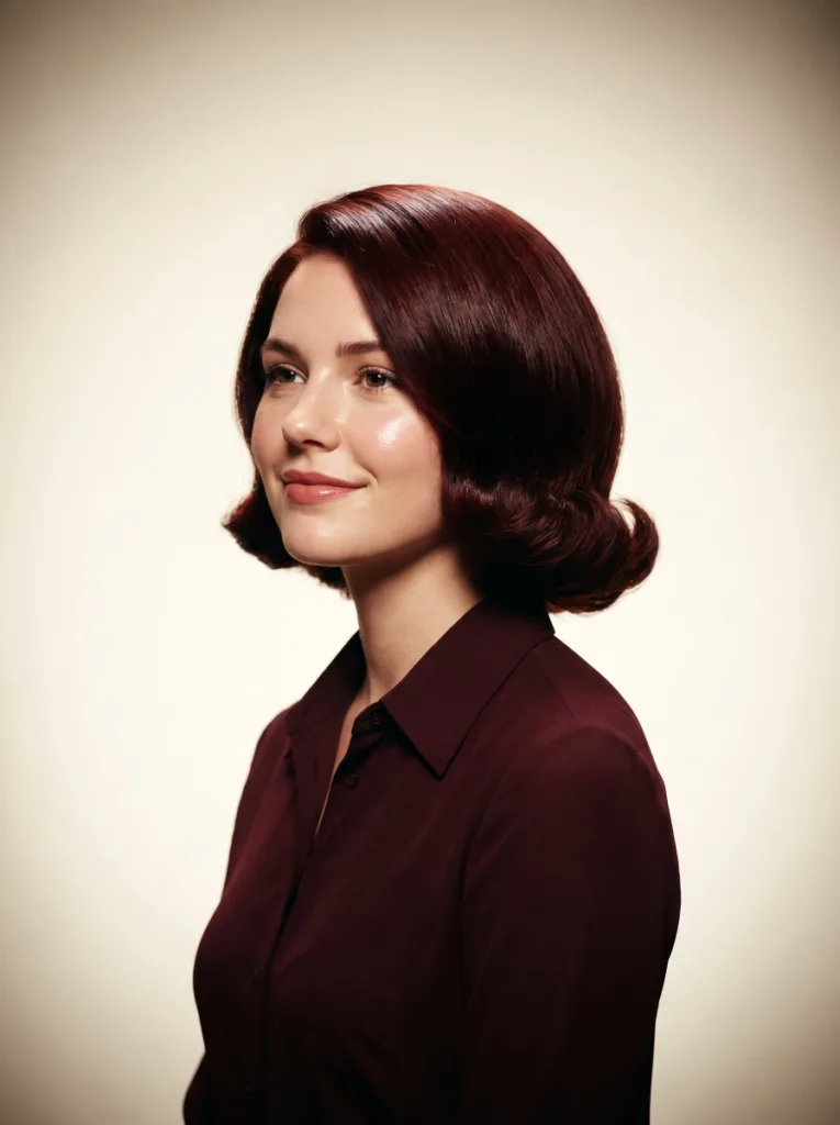 Woman with a rounded, retro-inspired bob haircut with soft curved ends, styled with vintage-inspired polish