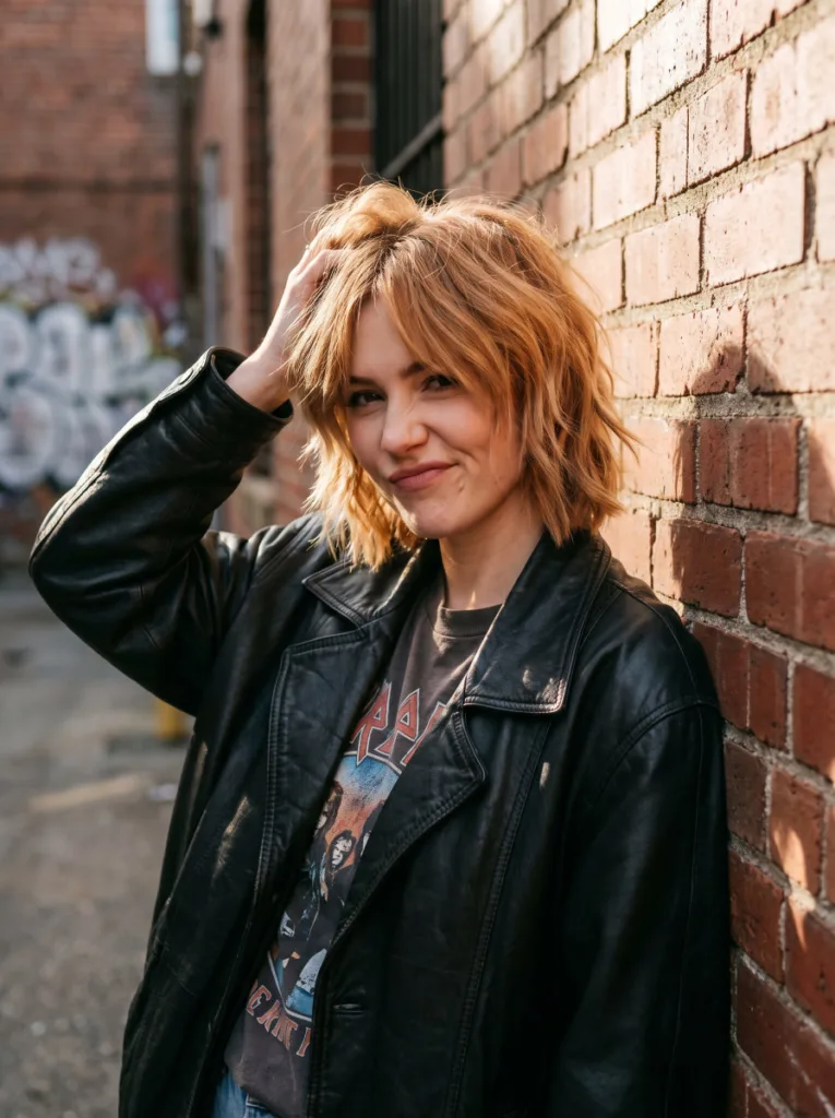 Woman with a choppy, textured shaggy bob haircut against an urban brick wall background