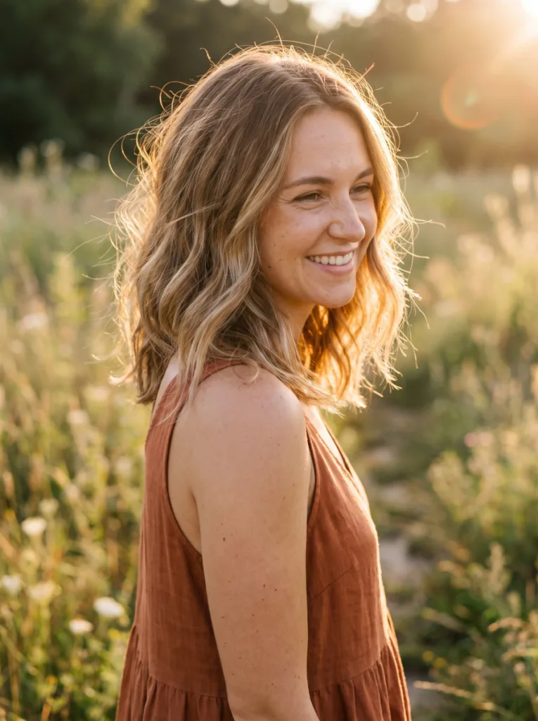 Woman with a textured lob haircut at collarbone length, hair blowing gently in outdoor golden light
