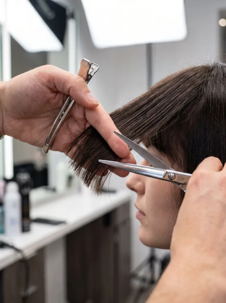 Close-up of a hairstylist trimming the ends of a client's blunt bob haircut in a salon