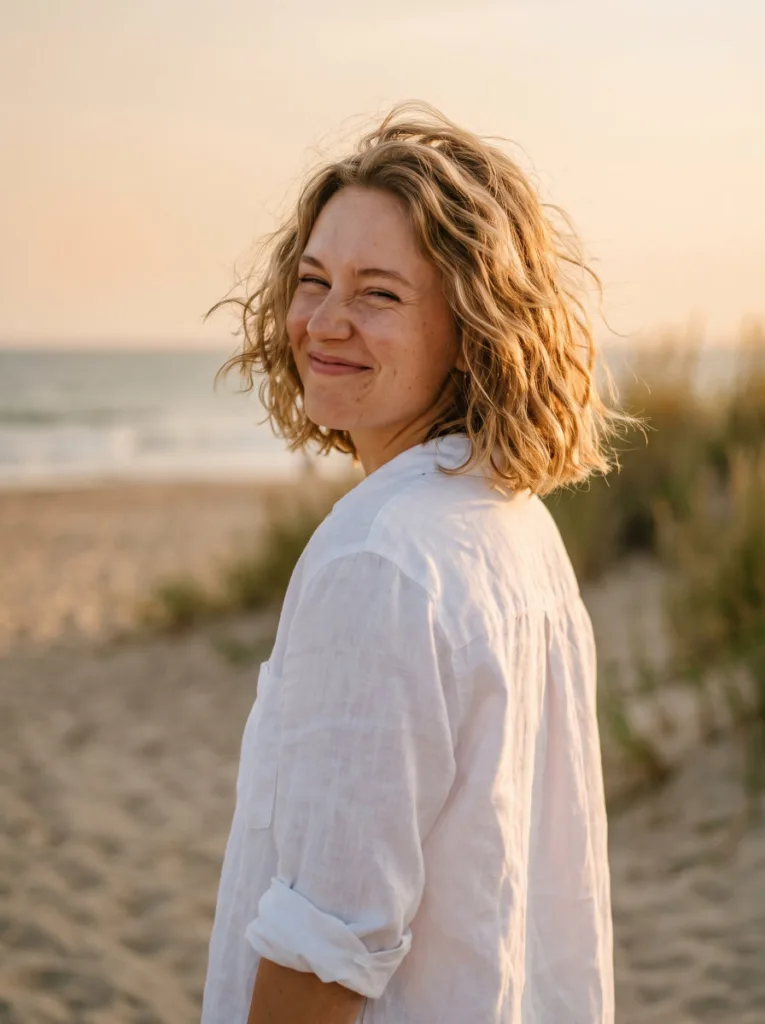 Woman with a loose wavy beach bob haircut standing near the ocean in soft afternoon light