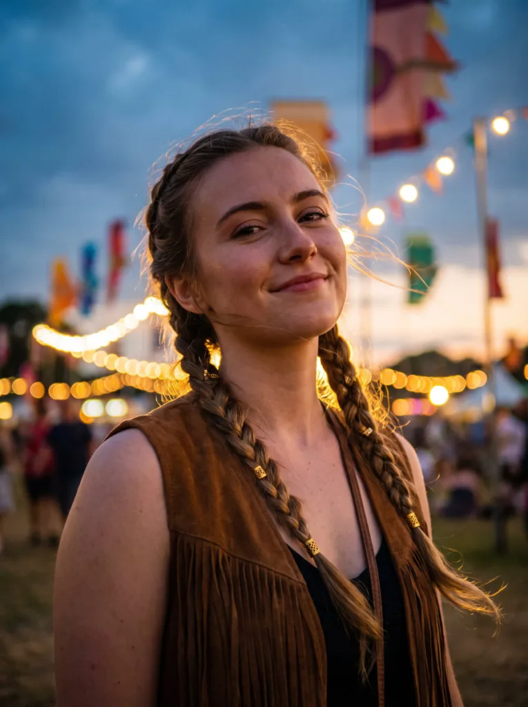 Woman with two braids decorated with gold cuffs, lit by warm sunset light at an outdoor festival