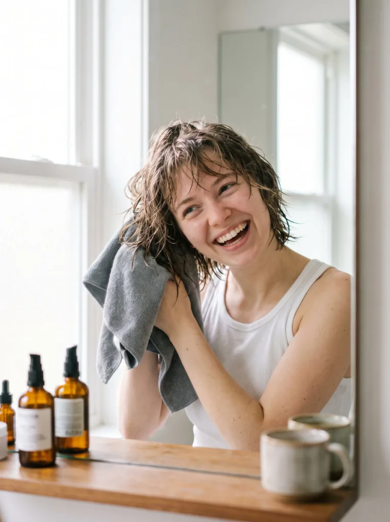 Woman air-drying her low-maintenance bob haircut in a relaxed morning bathroom scene